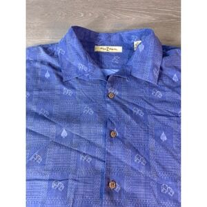 Tommy Bahama Mens Silk Short Sleeve Button Down Shirt XL Card Suit Print Blue